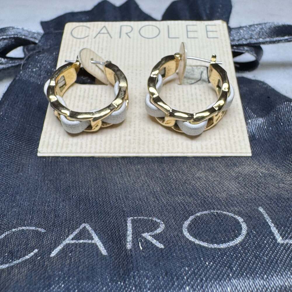 Antique Carolee Gold-Tone and White Enamel Chain Link Hoop Earrings